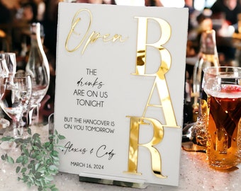 3D Mirror Gold Foil Open Bar Menu Signature Cocktails Custom Minimalist Acrylic Wedding Sign, Drinks on Us Hangover On You Signage