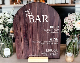 ARCH Bar Menu Dark Wood Grain Signature Cocktails Custom Clear Glass Look Acrylic Wedding Sign With Stand, His Her Drinks Bar Table Sign