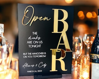 3D Mirror Gold Foil Open Bar Menu Signature Cocktails Custom Minimalist Acrylic Wedding Sign, Drinks on Us Hangover On You Signage