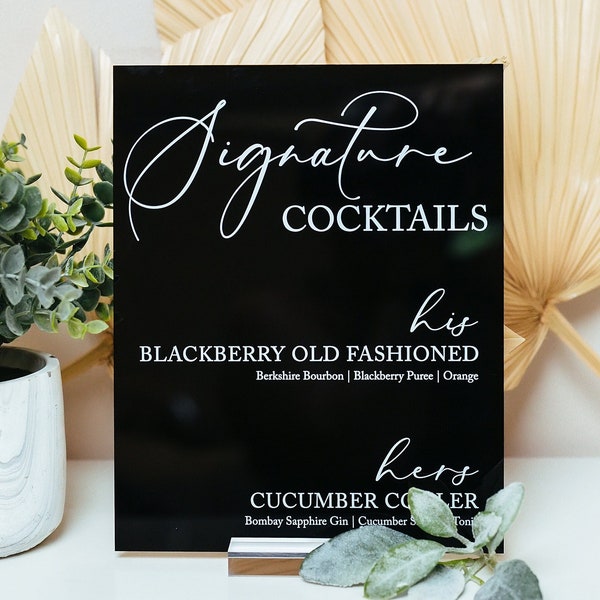 Bar Menu Signature Cocktails Custom Clear Glass Look Acrylic Wedding Sign With Stand, His Her Drinks Lucite Perspex Bar Table Sign