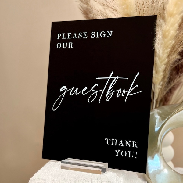 Please Sign Our Guestbook Modern Minimalist Clear Glass Look Acrylic Wedding Sign, Guest Book Lucite Perspex Table Sign