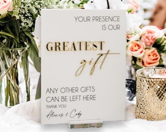 3D Mirror Your Presence Is Our Greatest Gift, Any Other Gifts Can Be Left Here Acrylic Wedding Sign, Cards Perspex Table Gift Table Signage