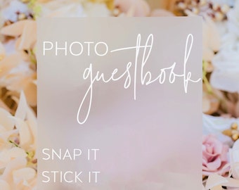 FROSTED Photo Guestbook Snap It Stick It Sign It Clear Glass Look Acrylic Wedding Sign, Photo Booth Station Guest Book Lucite Table Sign