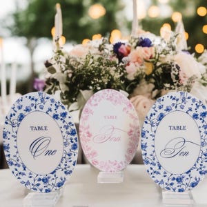 OVAL French Toile Chinoiserie Acrylic Table Number | Blue & White Wedding Sign | Elegant Reception Decor | Vintage-Inspired Event Display