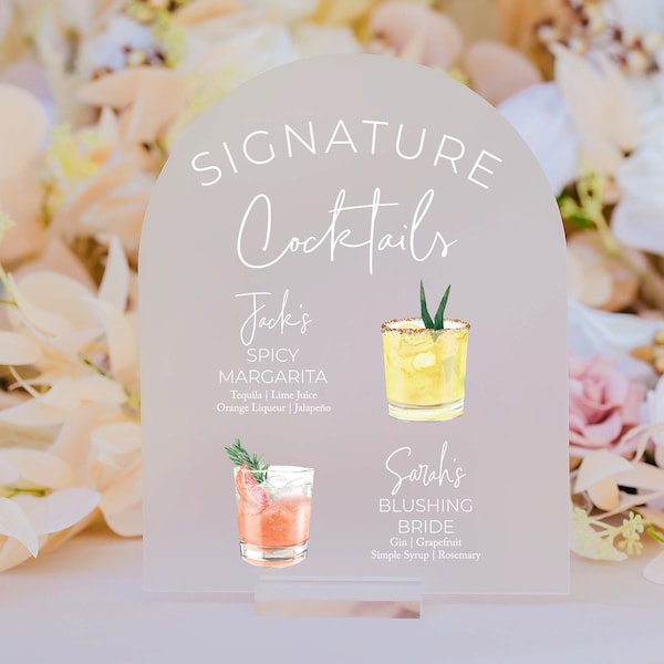 ARCH Frosted Bar Menu Signature Cocktails Custom Clear Glass Look Acrylic Wedding Sign With Stand, His Her Drinks Lucite Perspex