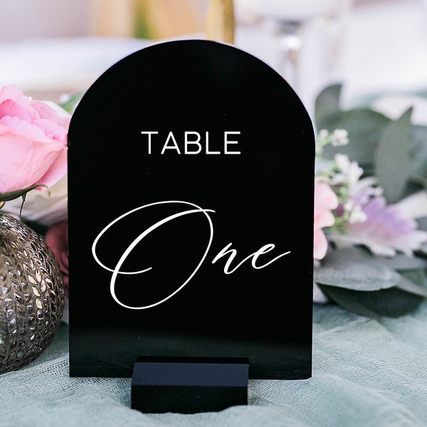 Black, White, Clear Frosted ARCH Acrylic Table Number Sign With Stands, Perspex Modern Calligraphy Table Numbers, Lucite Minimalist Number