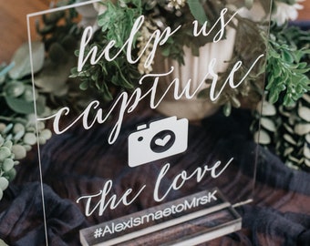 Help Us Capture the Love Social Media Clear Glass Look Acrylic Wedding Sign, Tag Your Photos Calligraphy Plexiglass Perspex Table