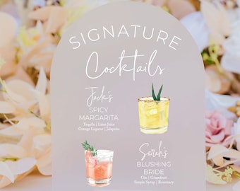 ARCH Frosted Bar Menu Signature Cocktails Custom Clear Glass Look Acrylic Wedding Sign With Stand, His Her Drinks Lucite Perspex