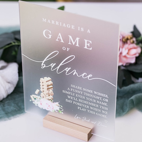 Marriage Is A Game Of Balance Please Sign a Jenga Piece  Clear Glass Look Acrylic Wedding Sign, Guest Book Plexiglass Perspex Lucite Table