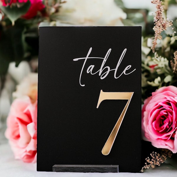 3D Acrylic Black Blush Dusty Blue and Gold Table Number Sign With Stands, Perspex Modern Calligraphy Table Numbers, Lucite Minimalist Number