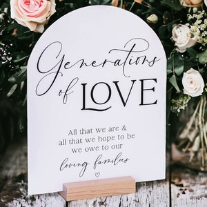 ARCH Generations Of Love All That We Are And That We Hope To Be We Owe To Our Loving Families Clear Glass Look Acrylic Parents Wedding Sign