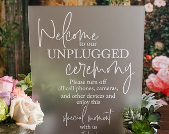 Unplugged Ceremony Clear Glass Look Acrylic Wedding Sign, Unplug Be Present and Enjoy This Moment Photographers Handle Rest Lucite Perspex