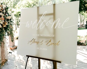 3D Gold Mirror Foil Wedding Acrylic Welcome Sign With Names + Date, 18x24 Personalized Modern Minimalist Laser Frosted Gold Signage