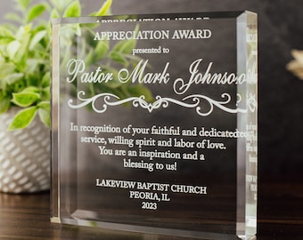 Pastor Appreciation Award Crystal Glass Plaque, for Employee Recognition, Pastoral Staff, Church Leader Trophy, Retirement Gift Plaque