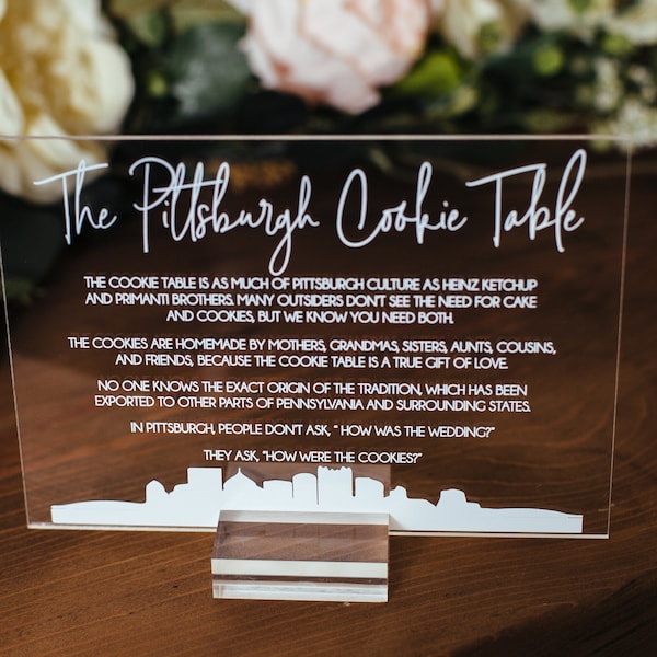 Pittsburgh Cookie Table Tradition Favors Clear Glass Look Acrylic Wedding Sign All of Yinz Skyline Lucite Perspex Cookies Table Sign