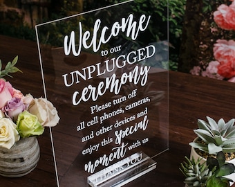 Unplugged Ceremony Clear Glass Look Acrylic Wedding Sign, Unplug Be Present and Enjoy This Moment Photographers Handle Rest Lucite Perspex