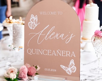 ARCH Gold Silver or Rose Gold Mirror Quinceanera Acrylic Welcome Sign, Personalized Modern Signage, Quince Sweet 15 or 16 Birthday Party