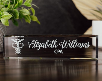 Physicians Assistant Glass Office Desk Name Plate, Clear CPA Surgeon Nameplate, Medical Practitioner Appreciation Gift, Med School Grad