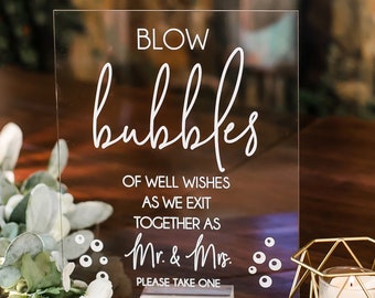 Blow Bubbles Of Well Wishes For The New Mr and Mrs Clear Glass Look Acrylic Wedding Sign, Sendoff