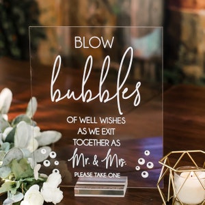 Blow Bubbles Of Well Wishes For The New Mr and Mrs Clear Glass Look Acrylic Wedding Sign, Sendoff