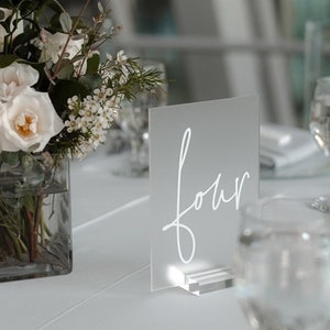 Frosted 4x6 or 5x7 Glass Look Acrylic Table Number Sign With Stands, Perspex Modern Calligraphy Table Numbers, Minimalist Number