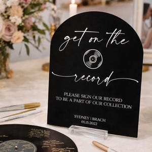 Get On The Record Please Sign Our Guestbook Acrylic Wedding Arch Sign, Vintage Wedding Guest book Signage, Vinyl For The Record Sign Sten