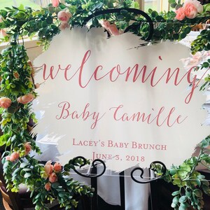Baby or Bridal Shower Welcome Sign, 18x24 Personalized Clear Glass Look Acrylic Baby Brunch or Tea Sign Decoration for Display, Custom