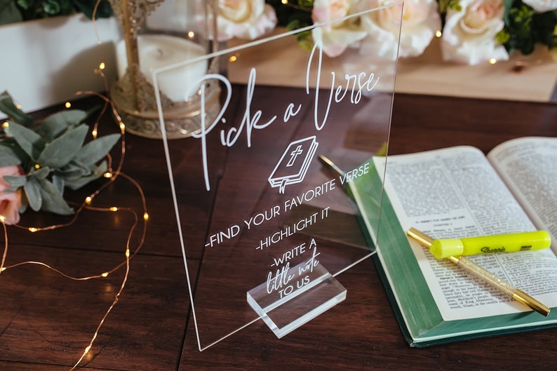 Pick Or Highlight Your Favorite Bible Verse Guestbook Clear Glass Look Acrylic Wedding Sign, Guest Book Plexiglass Perspex Lucite Table Sign image 2
