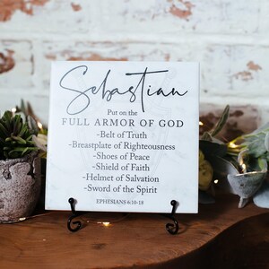 Put On The Full Armor Of God Personalized Christian Tile Gifts for Men, Teens, Boys, Unique Christian Art, Baby Shower Scripture Bible Verse