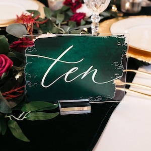 Burgundy or Emerald Green Watercolor Acrylic Table Number Sign With Stands, Perspex Modern Calligraphy Table Numbers, Lucite Minimalist