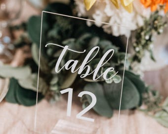 Clear Glass Look Acrylic Table Number Sign With Stands, Perspex Modern Calligraphy Numbers, Lucite Minimalist Table Number,