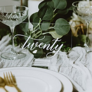 Clear Glass Look Acrylic Table Number Sign With Stands, Perspex Modern Calligraphy Numbers, Lucite Minimalist Table Number, Script Brunella