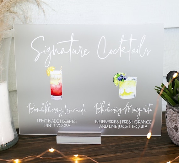 Bar Menu Signature Cocktails Custom Clear Glass Look Acrylic Wedding Sign  With Stand, His Her Drinks Lucite Perspex Bar Table Sign, SIG-SC1 