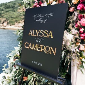 3D Gold Mirror Welcome To The Wedding Of Black Acrylic Sign, Personalized Modern Names And Date Minimalist Event Signage