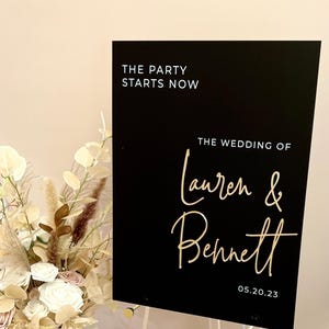 3D Gold Mirror Welcome To The Wedding Of Black Acrylic Sign, Personalized Modern Names And Date Minimalist Event Signage