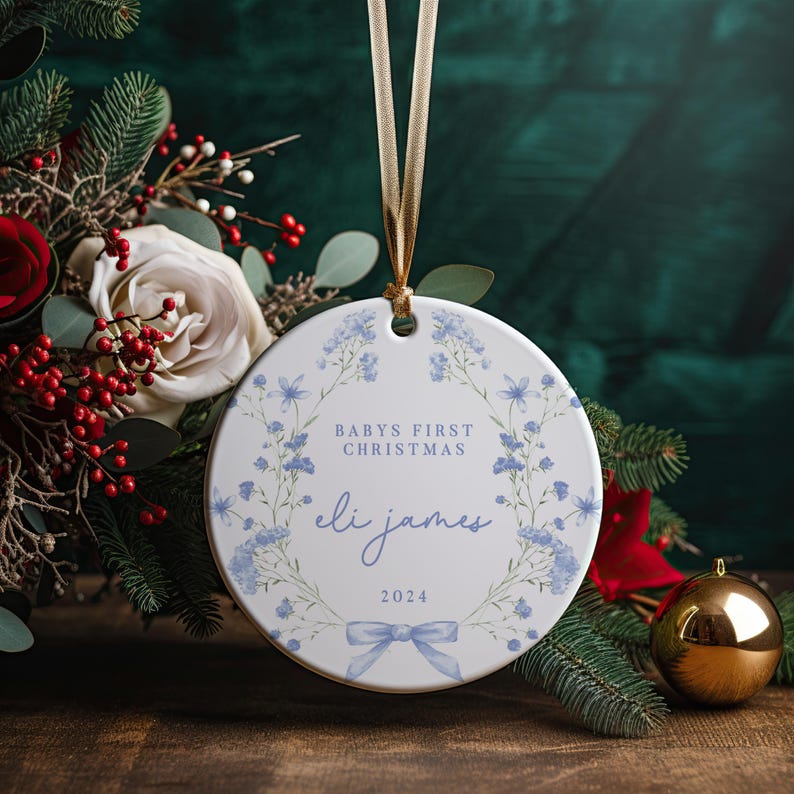 Baby Boy First Christmas, Boys Christmas Ceramic Round Ornament Present