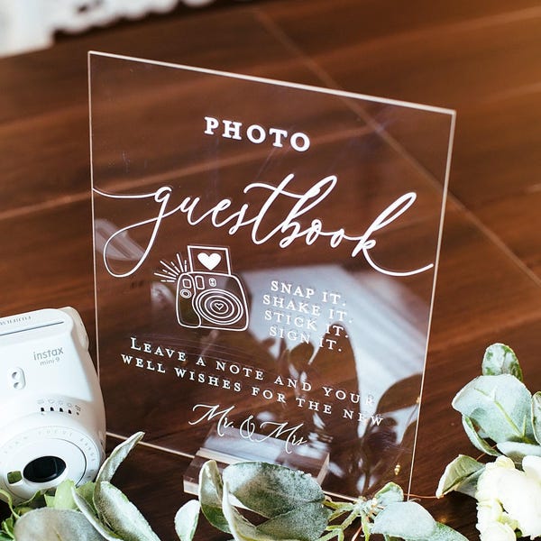 Photo Guestbook Snap It Shake It Stick It Sign It Acrylic Wedding Sign, Leave A Note & Well Wishes Photo Booth Station Guest Book Lucite