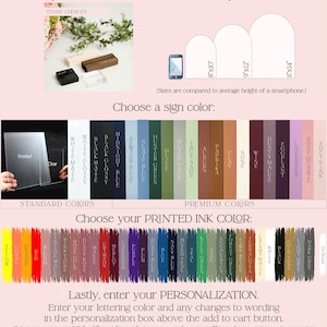 The image is a visual guide for ordering a custom-made stand, providing options for the size, color, and printed ink color. It includes images of a stand, a person holding a phone, and a color swatch for choosing the printed ink color. The guide also includes instructions for entering a personalization and a warning about the potential for color differences.