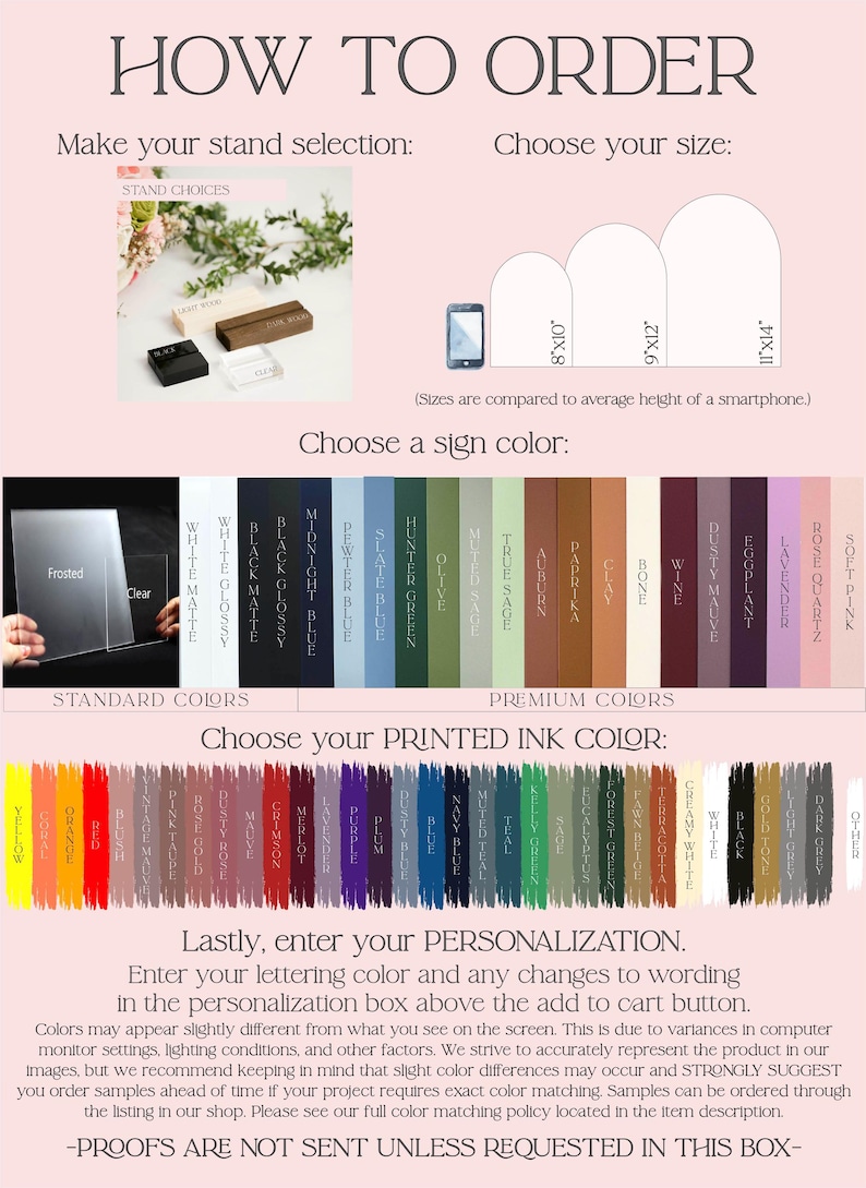 The image is a visual guide for ordering a custom-made stand, providing options for the size, color, and printed ink color. It includes images of a stand, a person holding a phone, and a color swatch for choosing the printed ink color. The guide also includes instructions for entering a personalization and a warning about the potential for color differences.