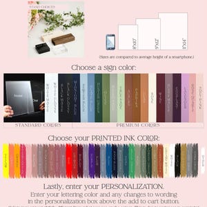 The image is a visual guide for ordering custom-made photo frames. It provides a selection of available colors and sizes, along with instructions on how to choose a personalized ink color and enter the customization details in a computer. The guide emphasizes the importance of keeping the colors consistent with the screen and avoiding significant color differences. It also mentions that the printer should not be sent unless the customer requests it in the box.