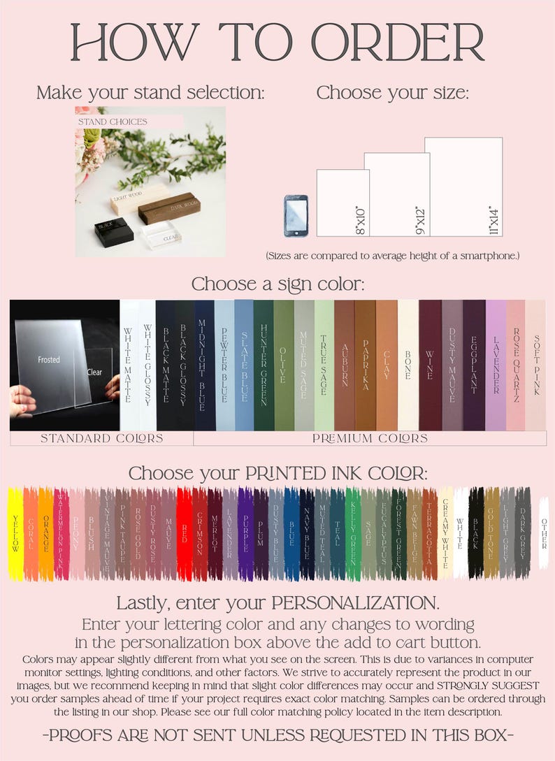 The image is a visual guide for ordering custom-made photo frames. It provides a selection of available colors and sizes, along with instructions on how to choose a personalized ink color and enter the customization details in a computer. The guide emphasizes the importance of keeping the colors consistent with the screen and avoiding significant color differences. It also mentions that the printer should not be sent unless the customer requests it in the box.