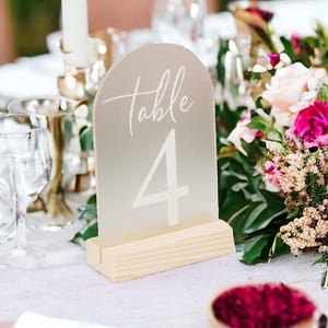 ARCH Frosted Acrylic Wedding Table Number Sign With Stands, Perspex Modern Calligraphy Table Numbers, Lucite Minimalist Reception Decor