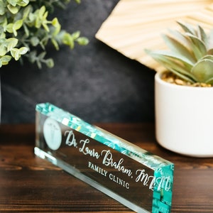 Physician MD Doctor Glass Office Desk Name Plate, Clear PA Surgeon Nameplate, Medical Practitioner Appreciation Gift, Med School Graduation image 5