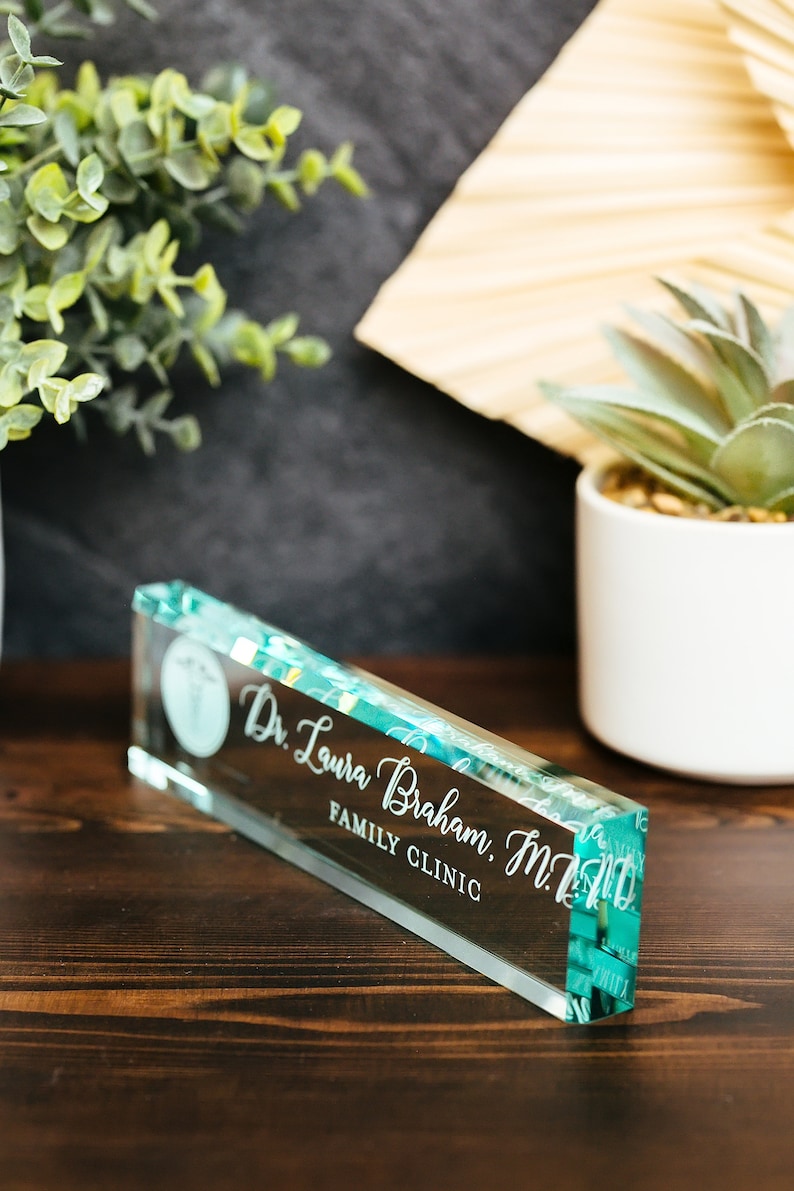 Physician MD Doctor Glass Office Desk Name Plate, Clear PA Surgeon Nameplate, Medical Practitioner Appreciation Gift, Med School Graduation image 5