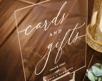 Cards And Gifts Modern Minimalist Clear Glass Look Acrylic Wedding Sign With Names, Lucite Perspex Table Sign