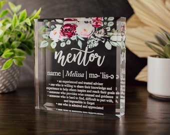 Floral Mentor Definition Crystal Glass Plaque, for Employee Recognition, Life Coach Trophy, Appreciation Gift Plaque, Present from Staff