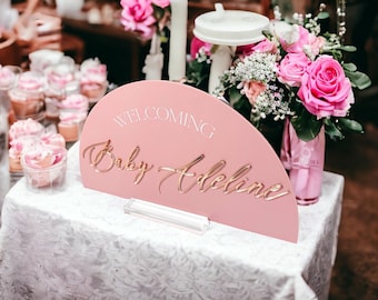 3D Mirrored Acrylic Arch Baby Shower Welcoming Baby Sign, Laser Cut Newborn Party Signage, New Boy or Girl Dusty Blue or Rose Shower Decor