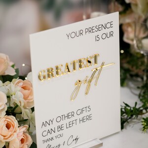 3D Mirror Your Presence Is Our Greatest Gift, Any Other Gifts Can Be Left Here Acrylic Wedding Sign, Cards Perspex Table Gift Table Signage