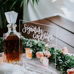 Bar Menu Signature Cocktails Custom Clear Glass Look Acrylic Wedding Sign With Stand, His Her Drinks Lucite Perspex Bar Table Sign
