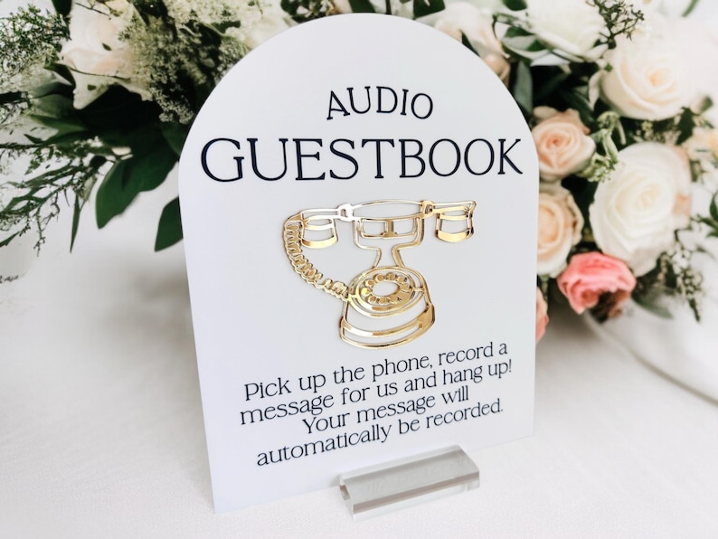 ARCH 3D Audio Guestbook Pick Up The Phone Leave A Message For The Newlyweds Clear Glass Look Acrylic Wedding Sign, Guest Book Lucite image 1